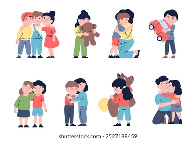 Children hugs. Kids hugging mother father toys and friends. Little toddlers friendship, good kind emotionality characters. Help love support recent vector characters