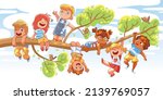 Children hung on a tree branch on sunny day. Colorful cartoon characters. Funny vector illustration