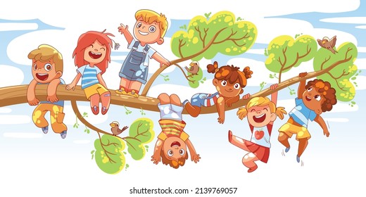 Children hung on a tree branch on sunny day. Colorful cartoon characters. Funny vector illustration - Shutterstock ID 2139769057