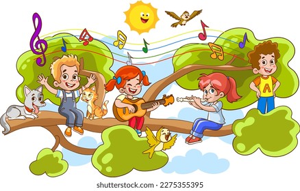 Children hung on a tree branch on sunny day cartoon vector