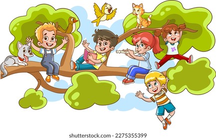 Children hung on a tree branch on sunny day cartoon vector