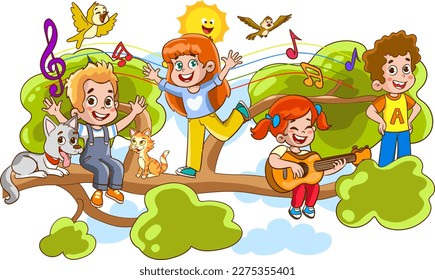 Children hung on a tree branch on sunny day cartoon vector