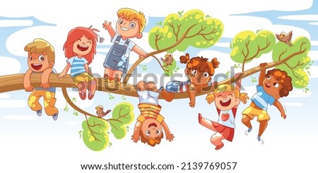 Children hung on a tree branch on sunny day. Colorful cartoon characters. Funny vector illustration