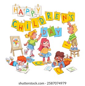 Children hung on the wall a greeting on International Children's Day. Kids scribbles on the wall and floor. Colorful cartoon characters. Funny vector illustration. Isolated on white background