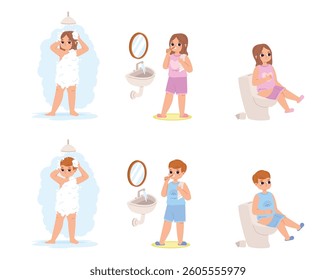 Children hygiene time. Boy and girl take a douche with shower gel, clean teeth and go to toilet. Cartoon self care and clean, independence vector characters