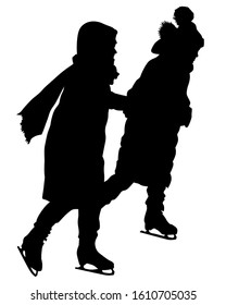 Children and ice skate. Isolated silhouettes of people on a white background