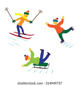 Children with ice skates, skis and sledges. Illustration, elements for design.