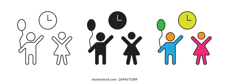 Children icon with balloon and clock, symbolizing scheduled party, shared celebration time, kids event, group fun, and childhood activity management.