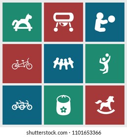 Children icon. collection of 9 children filled icons such as baby toy, toy horse, baby playing with toy, family bicycle. editable children icons for web and mobile.