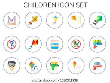 children icon set. 15 flat children icons.  Collection Of - playground, no doubt, kite, lunchbox, no children, water gun, boy