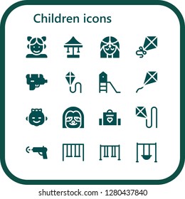  children icon set. 16 filled children icons. Simple modern icons about  - Girl, Swing, Kite, Water gun, Playground, Sloth, Baby bag, Swings
