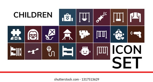 children icon set. 19 filled children icons.  Collection Of - Baby bag, Autism, Bunk bed, Swings, Kite, Girl, Sloth, Playground, Water gun, Swing, Bolero