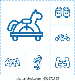 Children icon. set of 6 children outline icons such as baby shoes, volleyball player, toy horse, baby playing with another baby, children