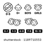Children icon set: age warning labels (not suitable for young kids) and gender signs. Line icons, simple modern style.