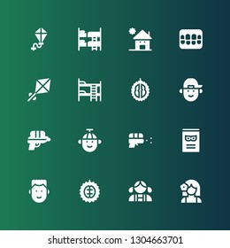 children icon set. Collection of 16 filled children icons included Girl, Durian, Boy, Comic, Water gun, Bunk bed, Kite, Denture, Kindergarden, Bunk