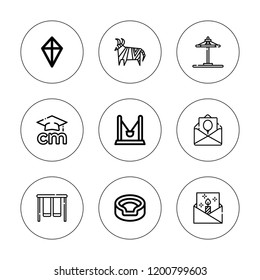Children icon set. collection of 9 outline children icons with animal, birthday invitation, classmates, kite icons. editable icons.