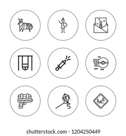 Children icon set. collection of 9 outline children icons with animal, birthday invitation, kite, girl, playground, pokeball, swings icons. editable icons.