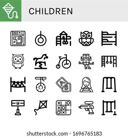 children icon set. Collection of Kite, Children, Swing, Playground, Owl, Bunk bed, Spring swing horse, Tricycle, Monkey bars, Rope park, Blocks, Nanny, Home team, Tic tac toe icons