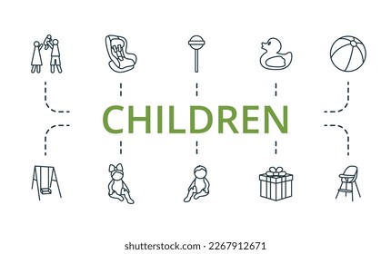 Children icon set. Monochrome simple Children icon collection. Family, Child Safety, Lollipop, Toy Duck, Ball, Swing, Baby Girl, Baby Boy, Gift, Child Chair icon