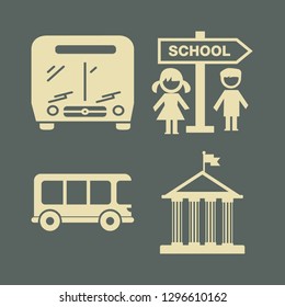 children icon set with school bus, school and schoolchildren vector illustration