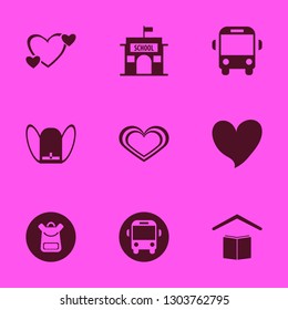 children icon set with school, hearts and school bus vector illustration