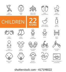 Children icon set. Vector Thin line icon. Good for presentation, training, marketing, design, web. Can be used for creative template, logo, sign, craft. Isolated on white background. 