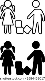 Iconos de los niños. Ilustraciones vectoriales blancas y negras. Niño y niña jugando con bloques. Hermano y hermana, parientes. Concepto de familia
