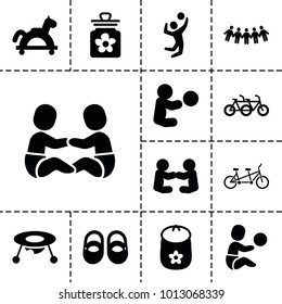 Children icons. set of 13 editable filled children icons such as baby toy, toy horse, family bicycle, volleyball player