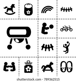 Children icons. set of 13 editable filled children icons such as baby toy, toy horse, children, family bicycle, volleyball player