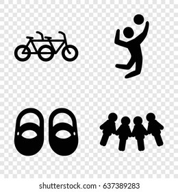 Children icons set. set of 4 children filled icons such as baby shoes, volleyball player, children
