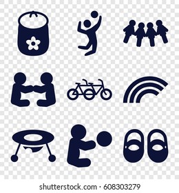 Children icons set. set of 9 children filled icons such as baby toy, volleyball player, rainbow, children