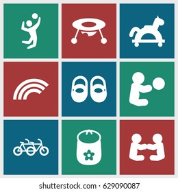 Children icons set. set of 9 children filled icons such as baby toy, volleyball player, rainbow, toy horse