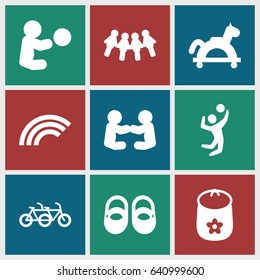 Children icons set. set of 9 children filled icons such as baby toy, volleyball player, rainbow, toy horse, children