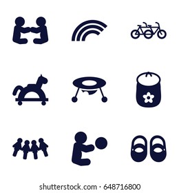 Children icons set. set of 9 children filled icons such as baby toy, rainbow, toy horse, children