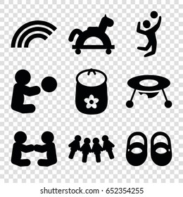 Children icons set. set of 9 children filled icons such as baby toy, volleyball player, rainbow, toy horse