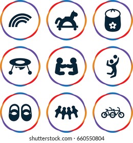 Children icons set. set of 9 children filled icons such as baby toy, volleyball player, rainbow, toy horse, children