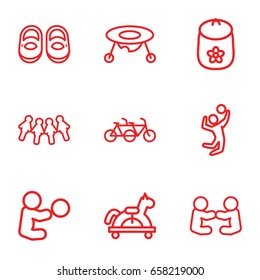 Children icons set. set of 9 children outline icons such as baby toy, volleyball player, toy horse, children