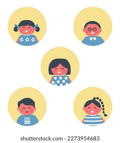 Kindersymbole gesetzt. Fünf verschiedene Bilder von Kindern. Mädchen und Jungen. Porträts. Cute Cartoon-Figuren. Vektorgrafik