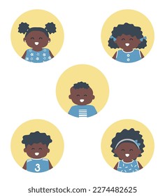 children icons set. Five different images of black children. Baby girls and baby boys. Portraits. Cute cartoon characters. Vector illustration