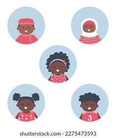children icons set. Five different images of children. Diverse group of baby girls and baby boys. Cute cartoon characters. Vector illustration