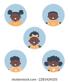 Children icons set. Five different images of black children. Baby girls and baby boys. Cute cartoon characters. Vector illustration
