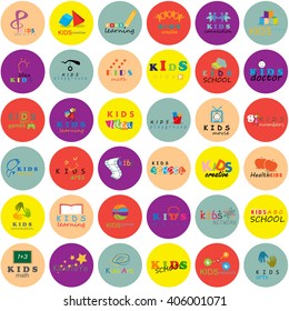 Children Icons Set-Isolated On Circle Background.Vector Illustration,Graphic Design.Logo Templates.Kids Note,Book,Logo Bulb