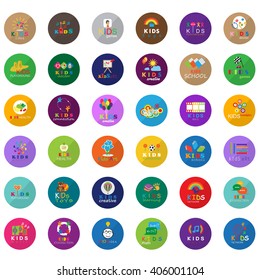 Children Icons Set-Isolated On Circle Background.Vector Illustration,Graphic Design.Kids Brain,Hand Click,Logo Guitar