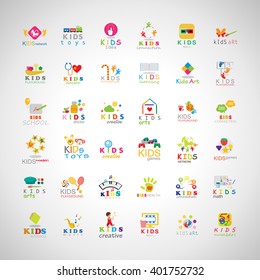 Children Icons Set-Isolated On Gray Background.Vector Illustration,Graphic Design.Kids Notebook,Book,Logo Bulb.Different Fun Logo Games, Playground.Logo Art. Logo Creativity