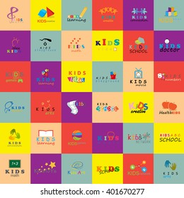 Children Icons Set-Isolated On Mosaic Background.Vector Illustration,Graphic Design.Logo Templates.Kids Note,Book,Logo Bulb