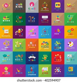 Children Icons Set-Isolated On Mosaic Background.Vector Illustration,Graphic Design.Kids Notebook,Book,Logo Bulb.Different Fun Logo Games, Playground.Logo Art. Logo Creativity