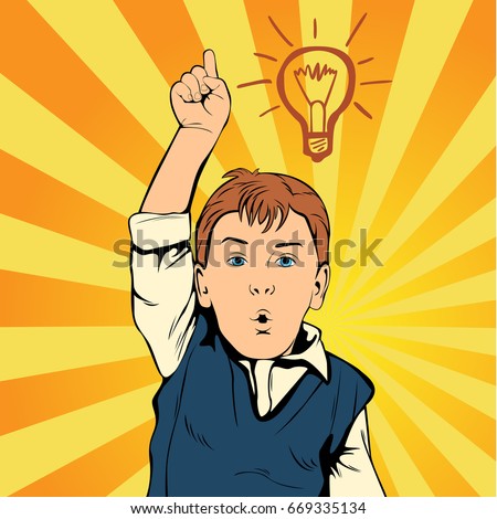 Children idea with draft lamp. Creative  boy came up with the idea. The man at work. Retro style pop art