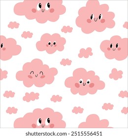Ilustración infantil. Patrón sin fisuras para niños con nubes sonrientes sobre fondo blanco. Ilustración infantil. Ilustración vectorial