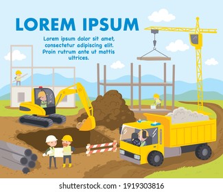 Children illustration of construction site with foundation work. Excavator digging foundation pit, tower crane lifts the plate. engineers, architects looking at construction project, building plan.