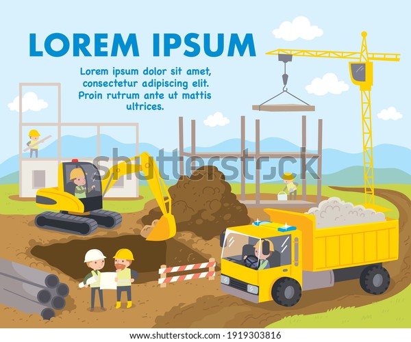 Children illustration of construction site with\
foundation work. Excavator digging foundation pit, tower crane\
lifts the plate. engineers, architects looking at construction\
project, building\
plan.